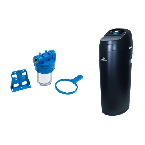 BLUE Zestaw: stacja zmiękczania wody z aktywnym węglem 25 L, korpus 10" 3-częściowy 1"