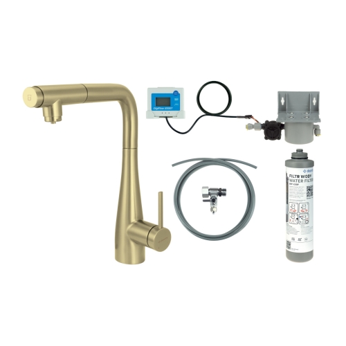 DEANTE ERIDAN bateria kuchenna stojąca z wyciąganą wylewką z zestawem do filtracji wody złoty szczotkowany